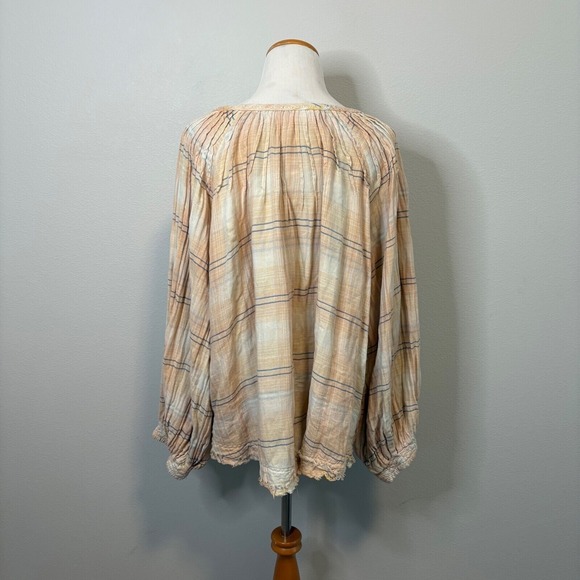We The Free Plaid Lace Up Blouse Long Sleeve Gauzy Cotton Boho Flowy Blend Large - Picture 3 of 7